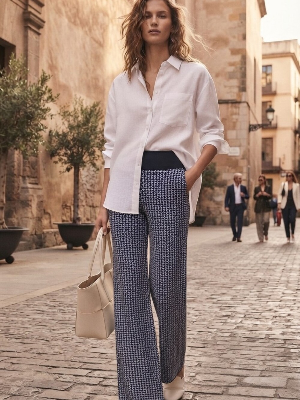 Zara Knit Geometric Print Wide Leg Pants Navy Cream Large Like New